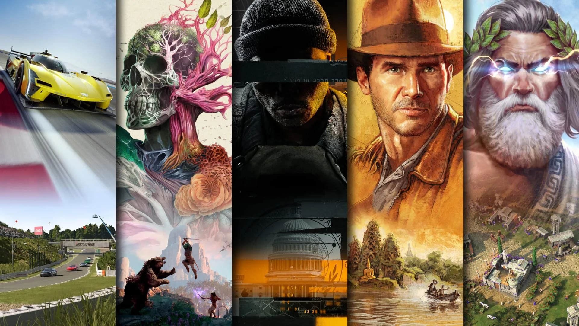Bunte Anordnung zahlreicher Spielcover aus dem Xbox-Game-Pass-Katalog in verschiedenen Genres und Stilen.